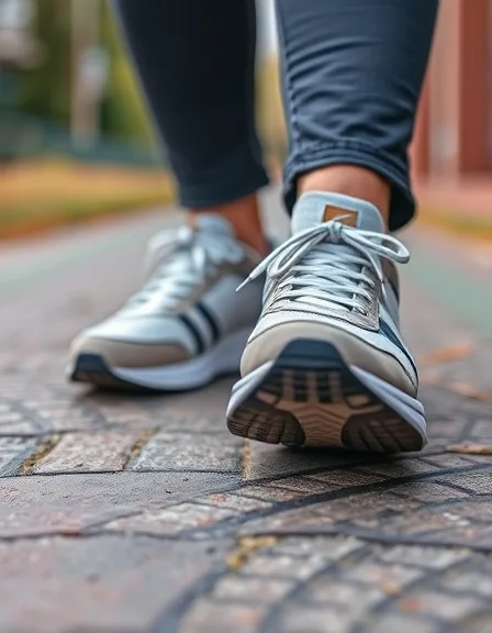 A close-up shot of a pair of black and white walking shoes on a concrete pathway.
