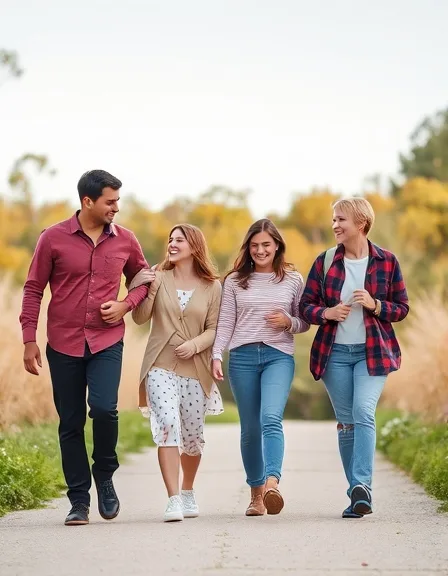 A family of four walking together on a tree-lined path, smiling and enjoying quality time outdoors.